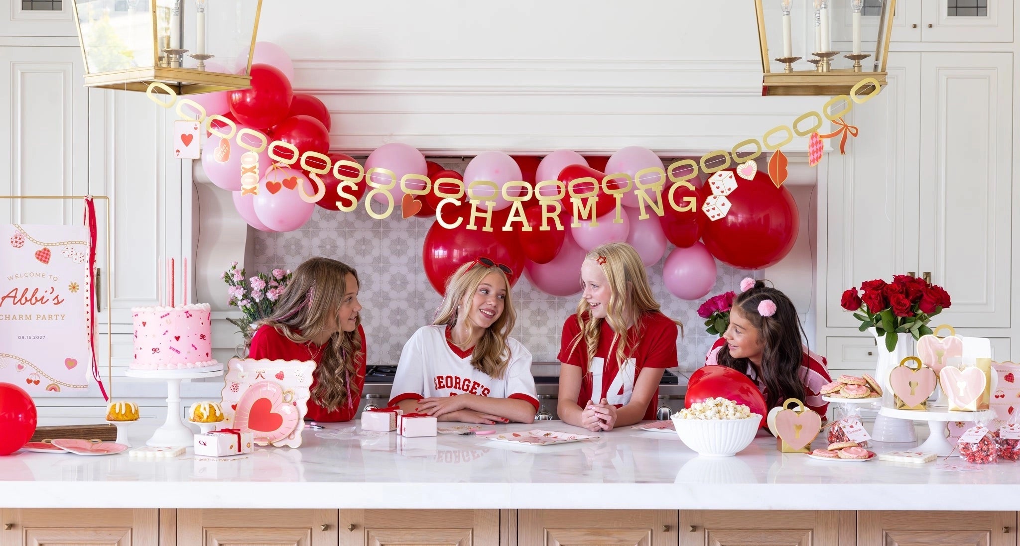 Girls in Valentine's party with Valentine's decorations