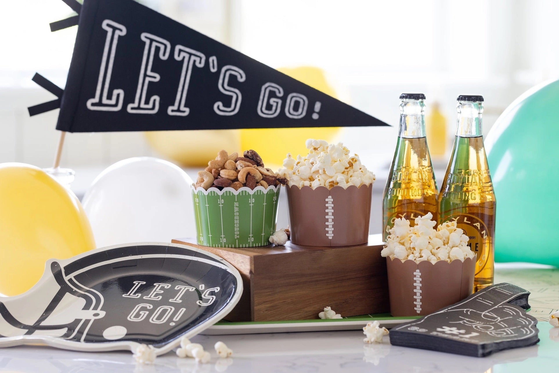 Closeup of Super Bowl party table setup