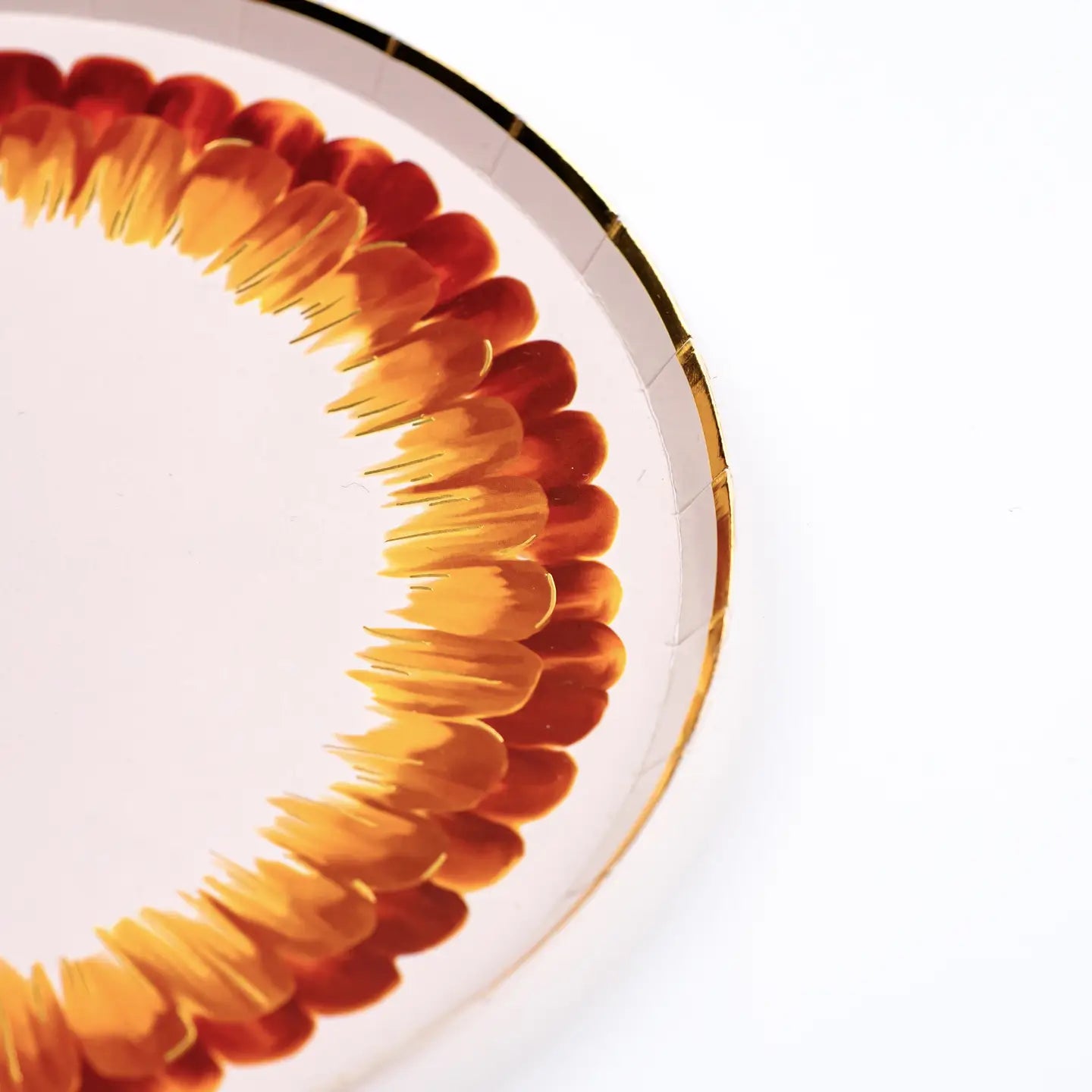 Closeup of s white paper dessert plate with brown and gold feather design and gold leaf trim.