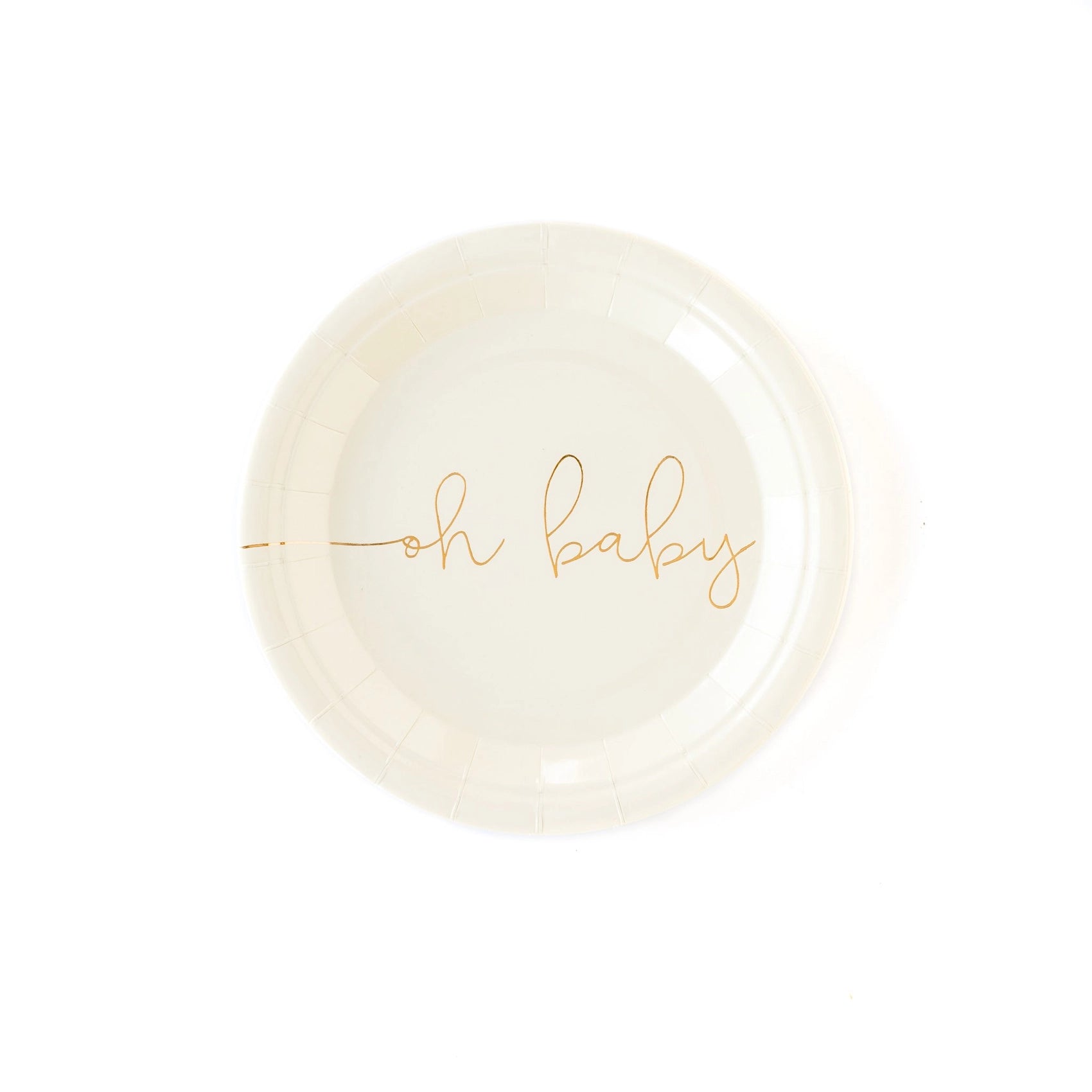 Single white round oh baby plate with gold foil text on a white background
