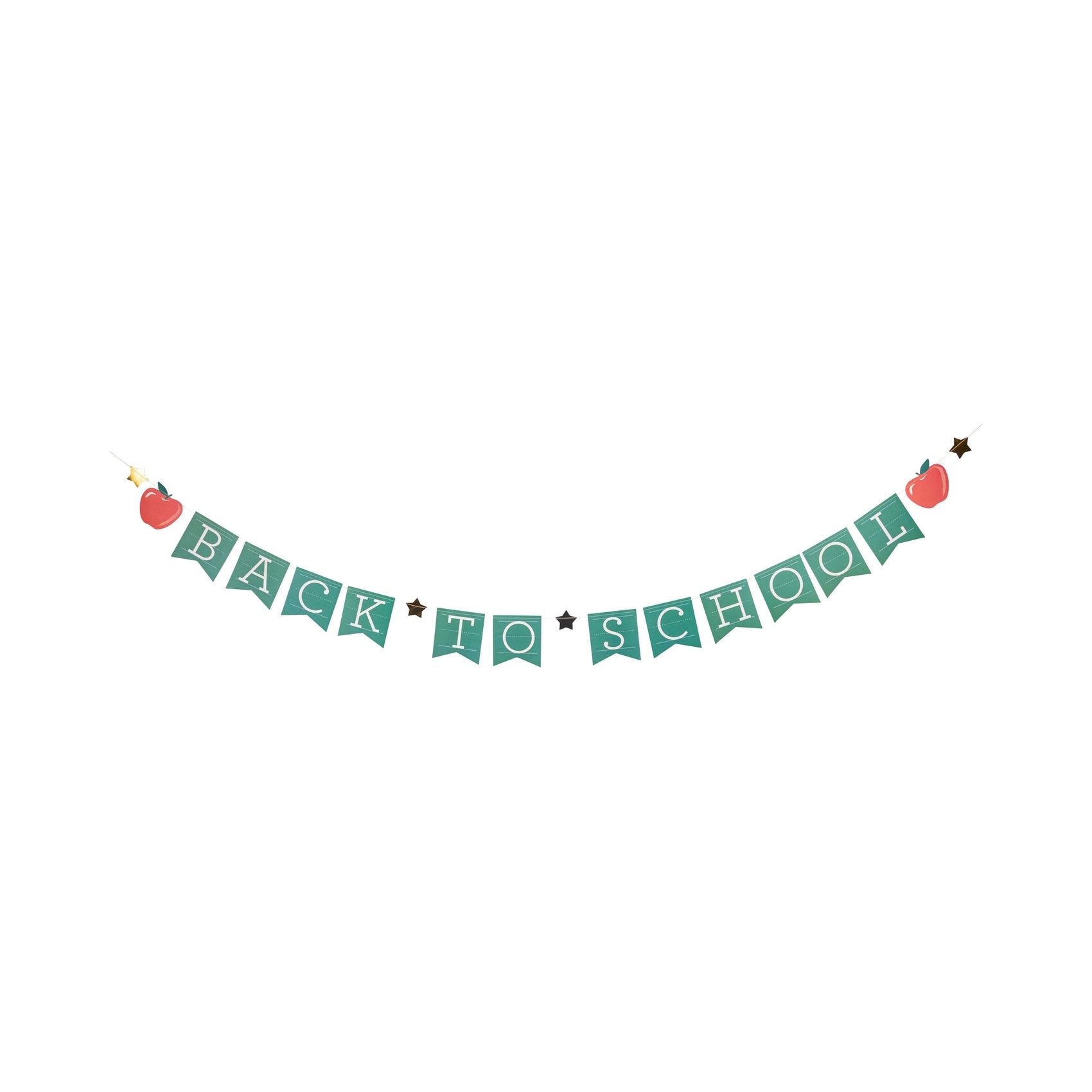Isolated image of the full “Back to School” banner with apples and stars, on a white background.
