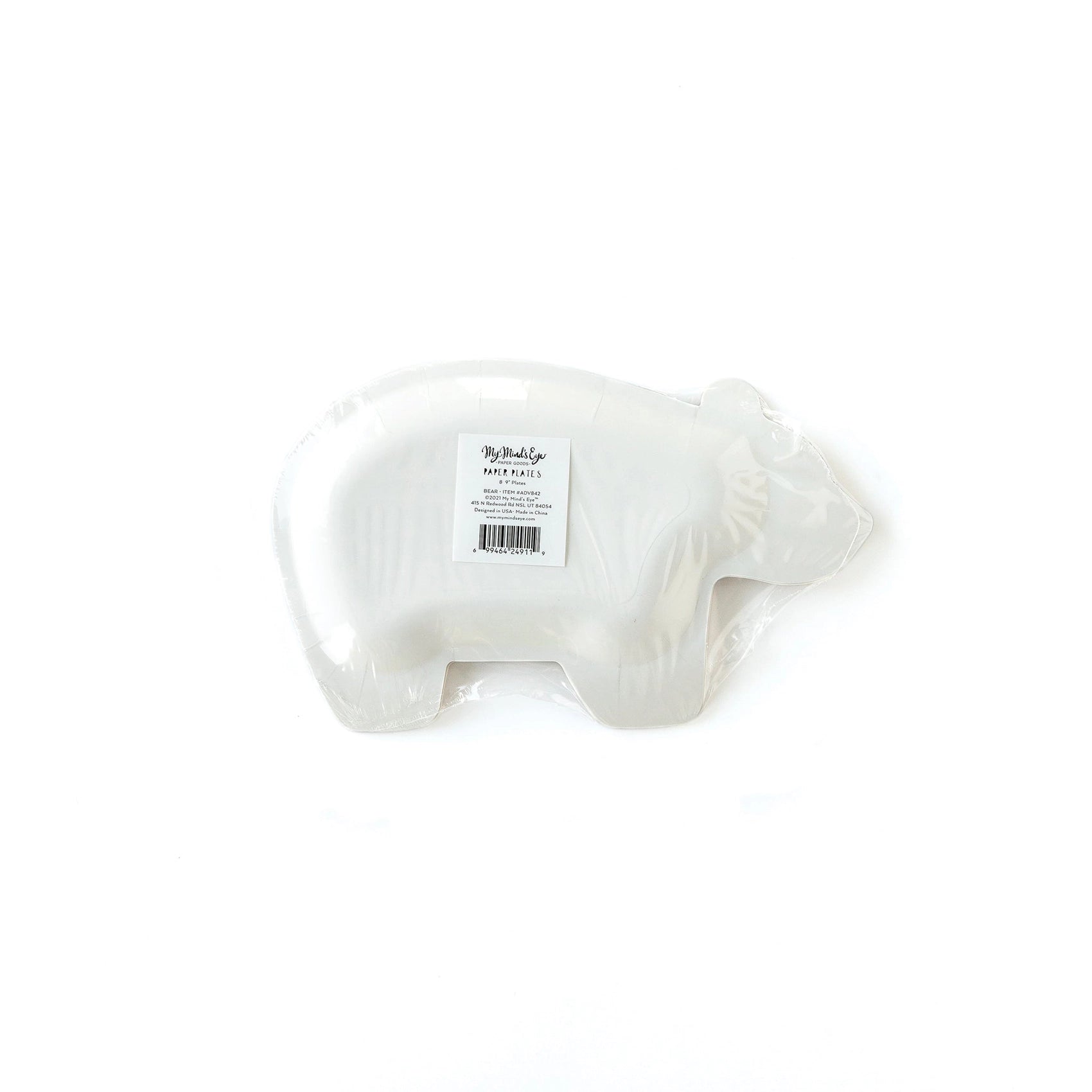 Flat lay of packaged bear-shaped paper plates with product label visible through clear wrapping