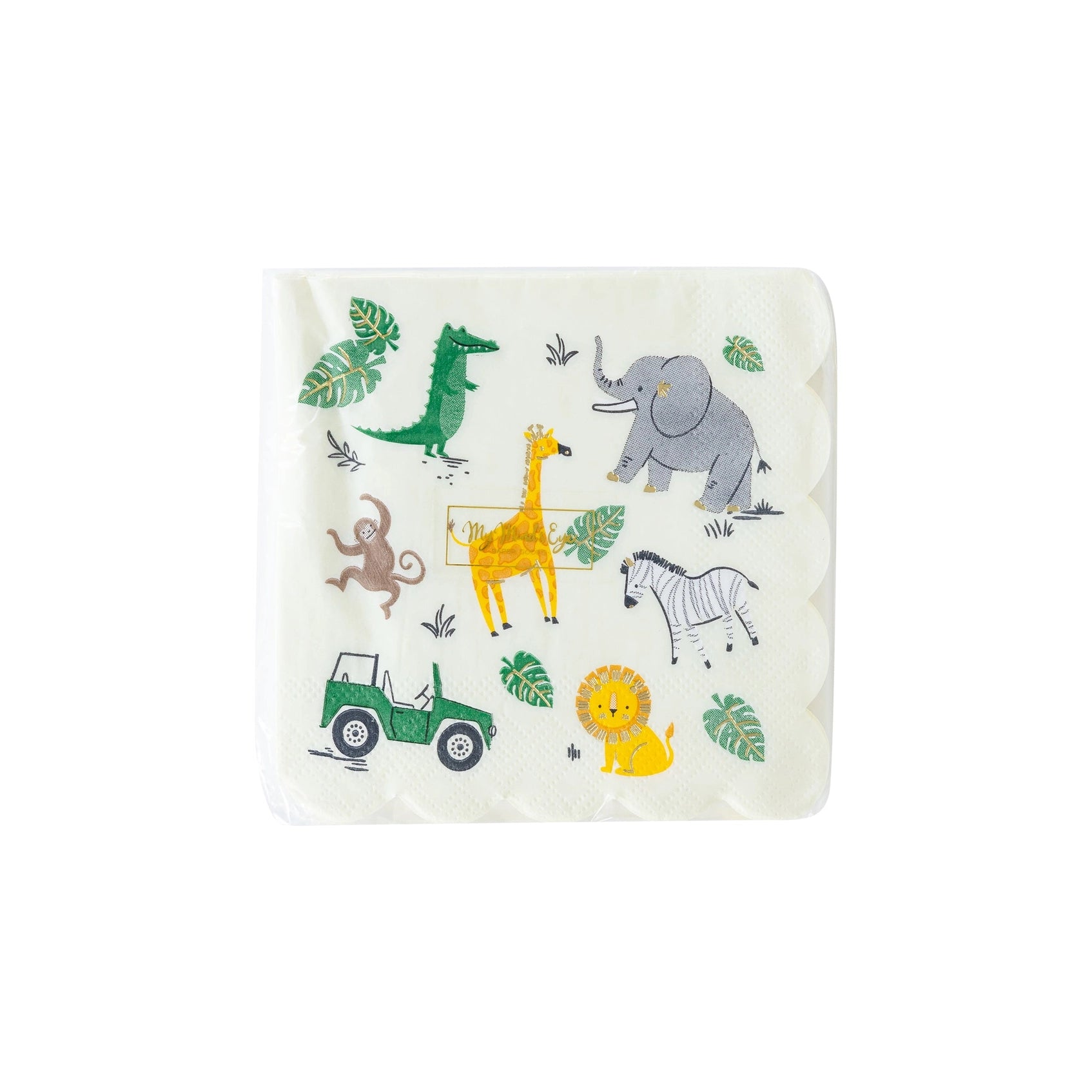 Safari-themed cocktail napkins with cute jungle animals including lions, elephants, zebras, monkeys, crocodiles, and safari jeeps, accented with gold foil details.