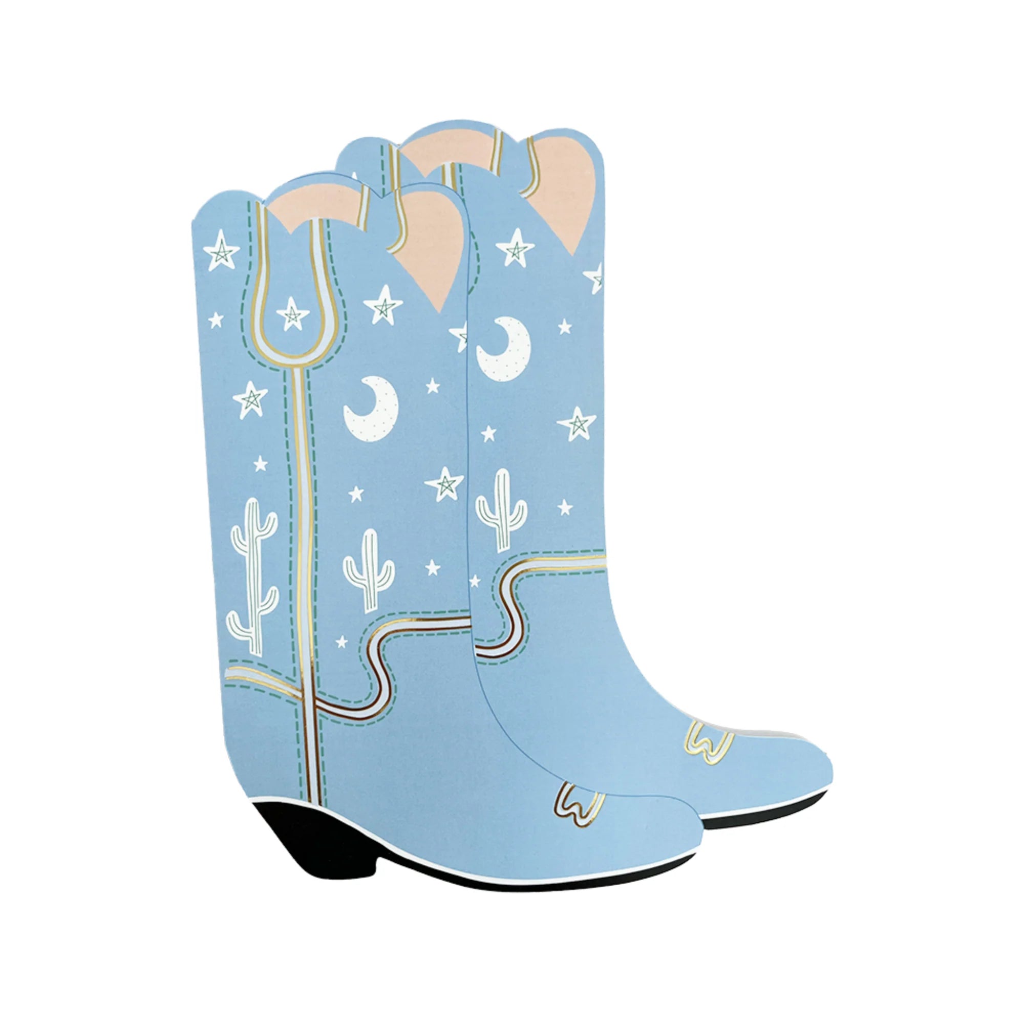 Product isolate (closed): Blue boot‑shaped sketchbook closed, showing nighttime desert illustration with moons, stars, cacti, and stitched trails.
