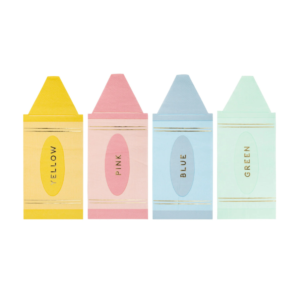 Four crayon-shaped paper napkins in yellow, pink, blue, and green with gold foil accents and printed color names.