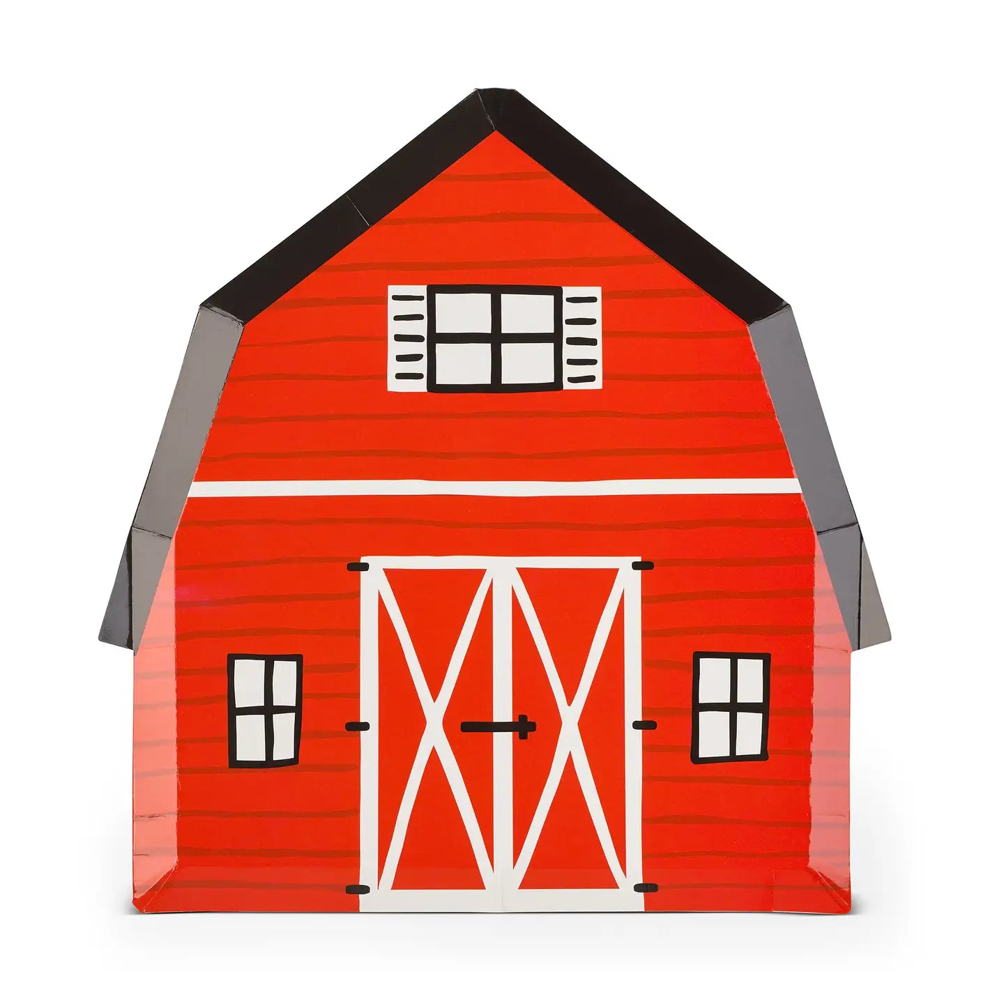 Isolated red barn paper plate showing silver foil roof and white doors.