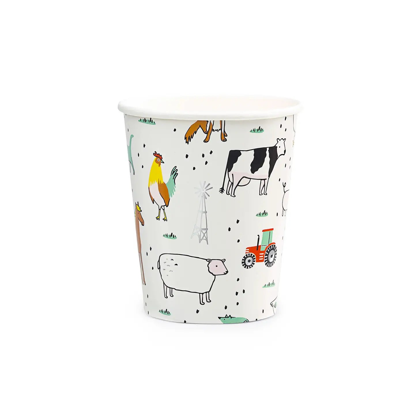 Isolated 9 oz paper cup featuring illustrated cow, tractor, rooster, and sheep on white background.