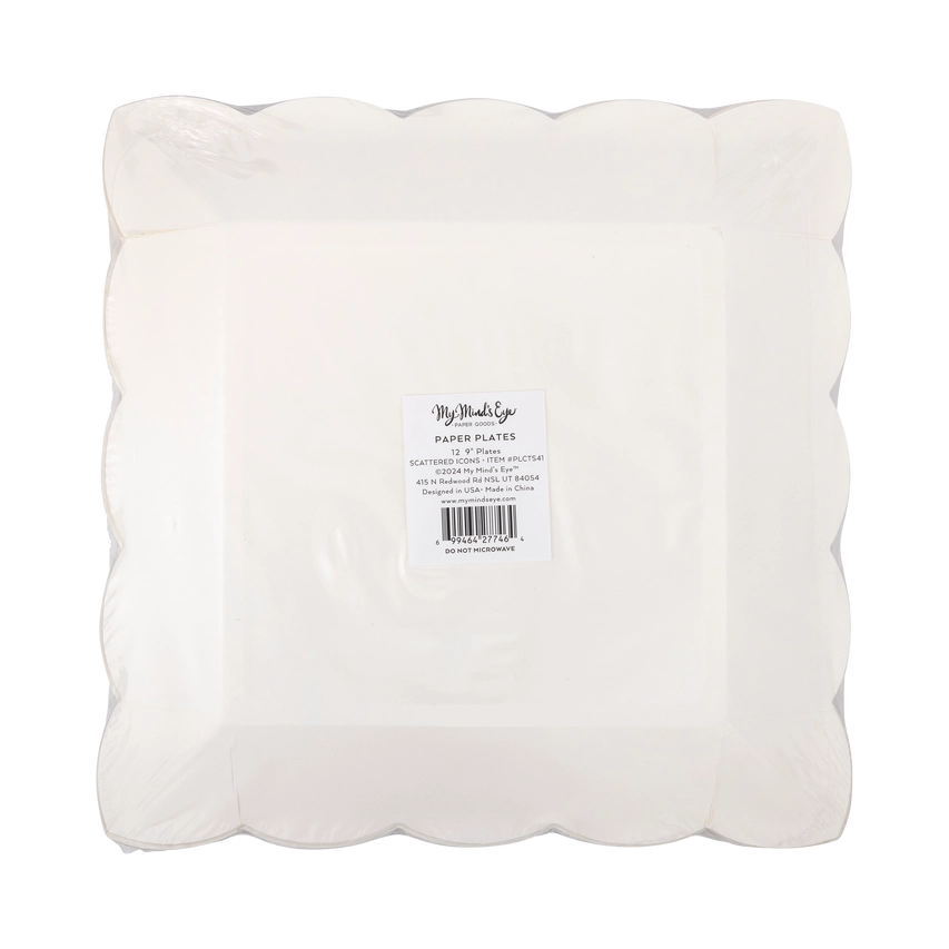 Clear plastic‑wrapped stack of white scalloped square plates showing product label and barcode.