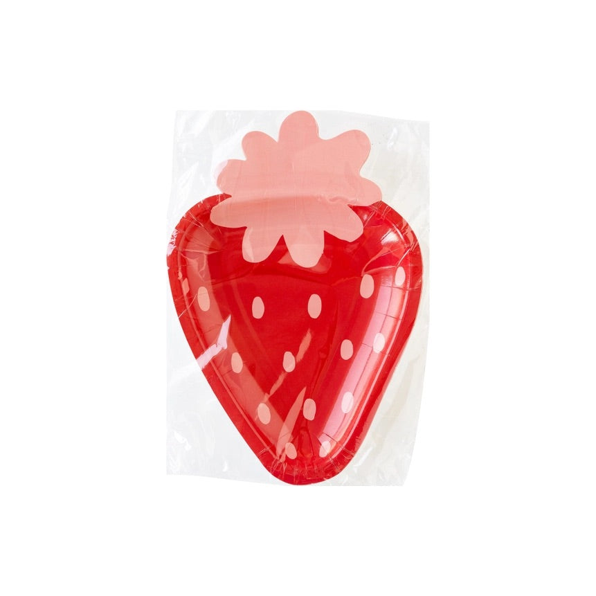 Individual strawberry-shaped party plate in protective clear packaging, adorable for serving treats at a first birthday party.