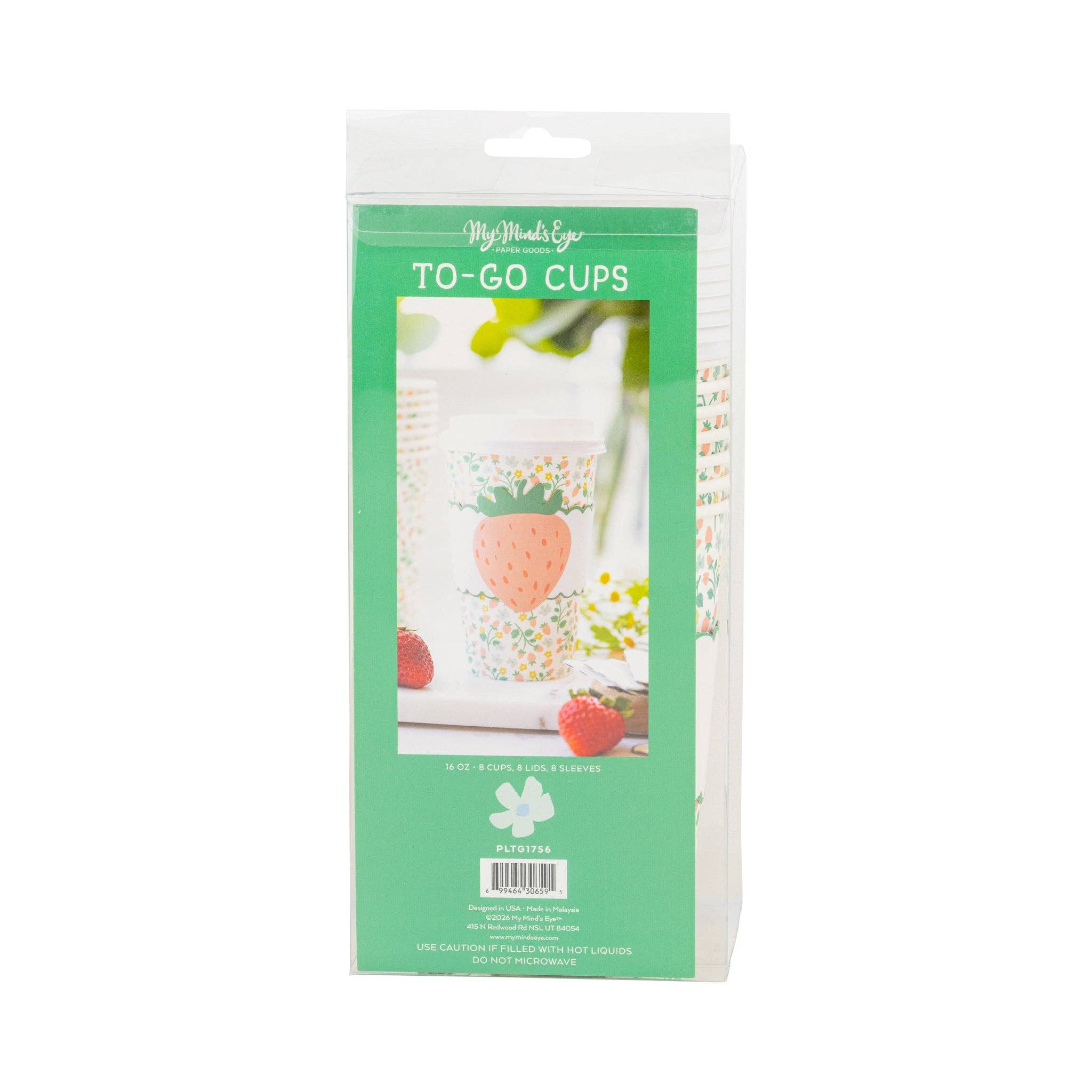 The back of the packaging for the Strawberry Pattern To Go Cups set showing the 16 oz size.