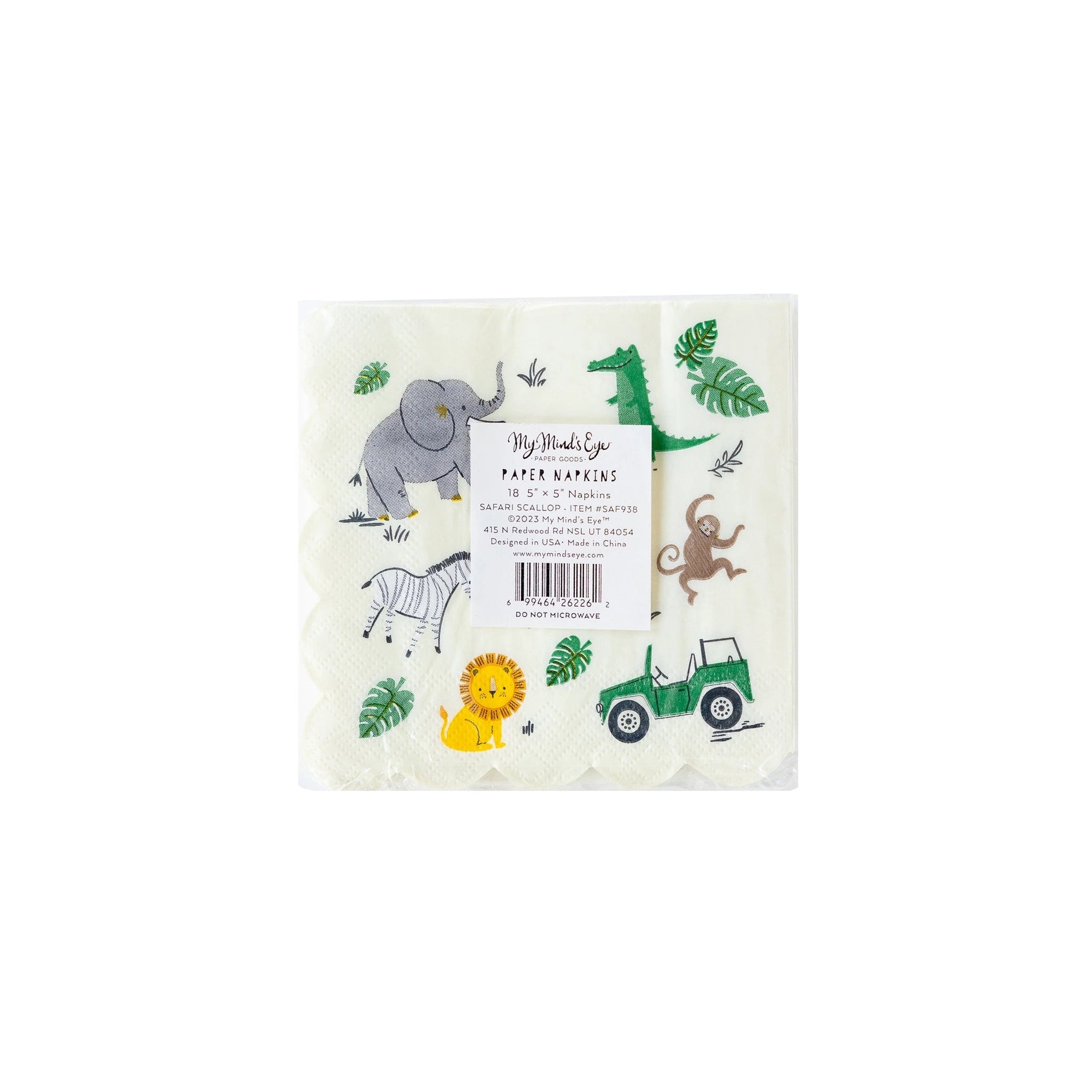 Safari-themed cocktail napkins with cute jungle animals including lions, elephants, zebras, monkeys, crocodiles, and safari jeeps, accented with gold foil details.