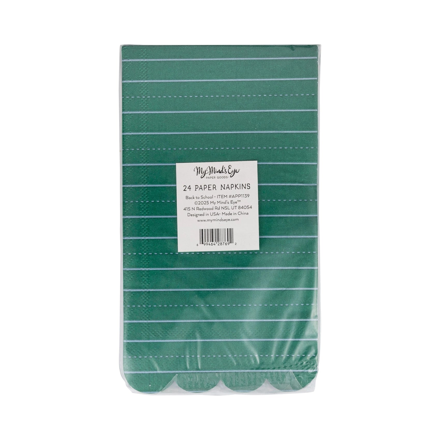 Packaged set of 24 green paper napkins with notebook line print and visible product label on the front.