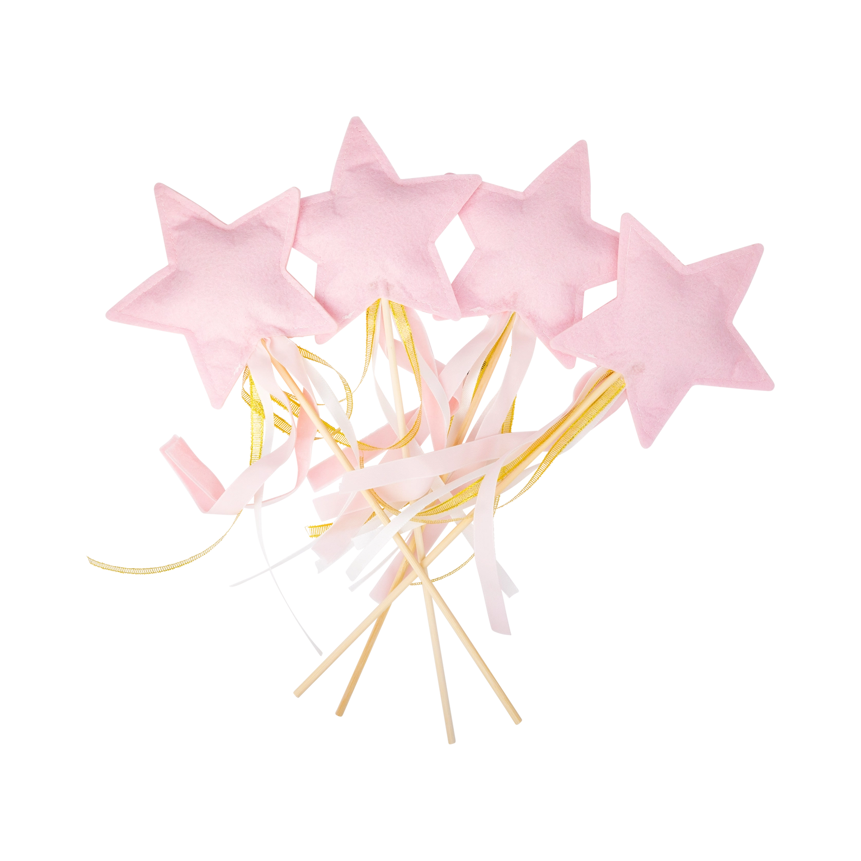 Cluster of four blush felt star wands on white background, ribbons cascading in gold and pink.