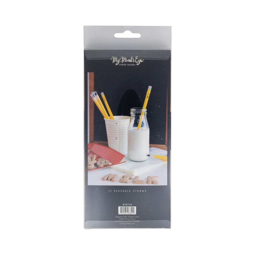 Packaging of Pencil Reusable Straws by My Mind’s Eye featuring pencil-style straw illustrations