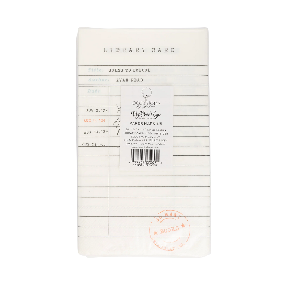 Back of the packaged product showing the full design and barcode for the Library Card Dinner Napkins.