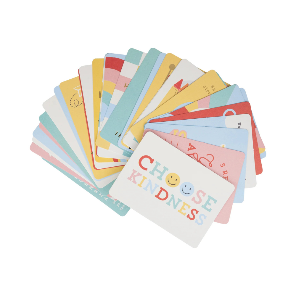 Spread of colorful cards fanned out, highlighting “Choose Kindness” card