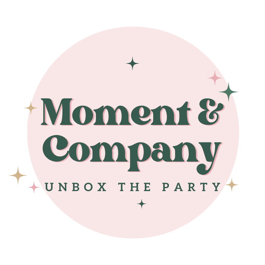  Momentandcompany logo with the tagline "Unbox the Party," representing their fall cocktail napkins and festive Thanksgiving tableware collection.