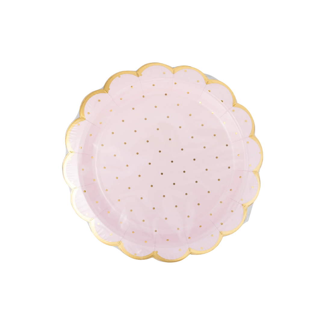 Close‑Up Detail: Overhead shot highlighting the plate’s scalloped edge and evenly spaced gold dots on a soft pink background.