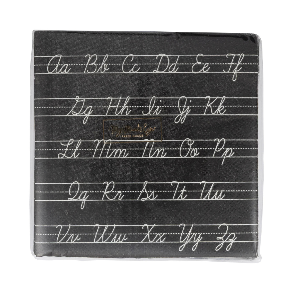 Packaged napkins showing front design with full cursive alphabet