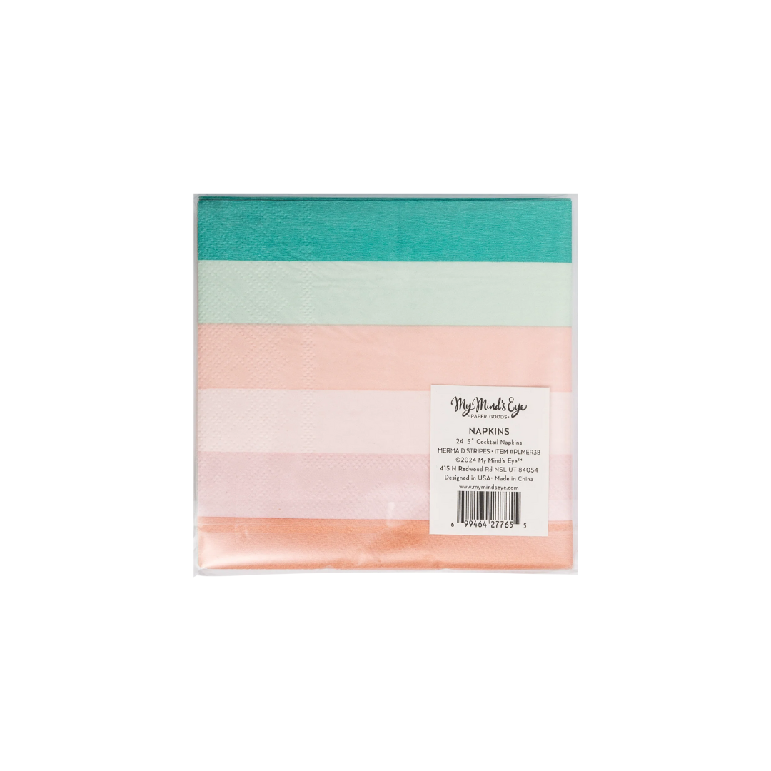 Front view of packaged mermaid stripe cocktail napkins showing teal‑to‑peach ombre layers with label.