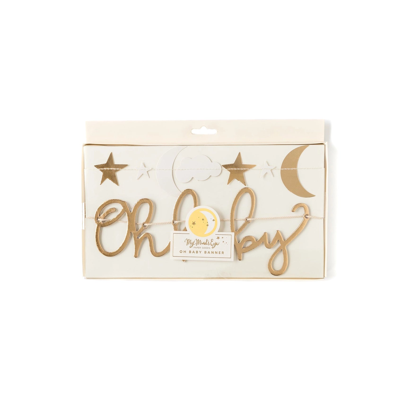 Packaged baby shower banner set with gold foil 'Oh Baby' and moon, star, and cloud banner