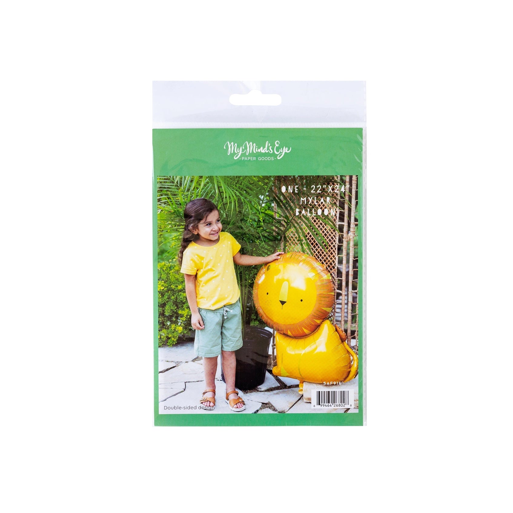 Retail packaging for a Safari Lion Mylar Balloon featuring an image of a child posing with the inflated balloon.
