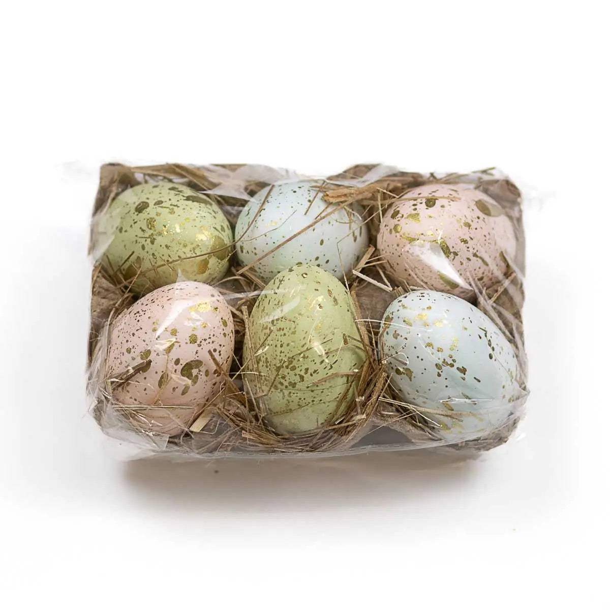 Easter Egg decorations in green, blue, and pink with gold speckles