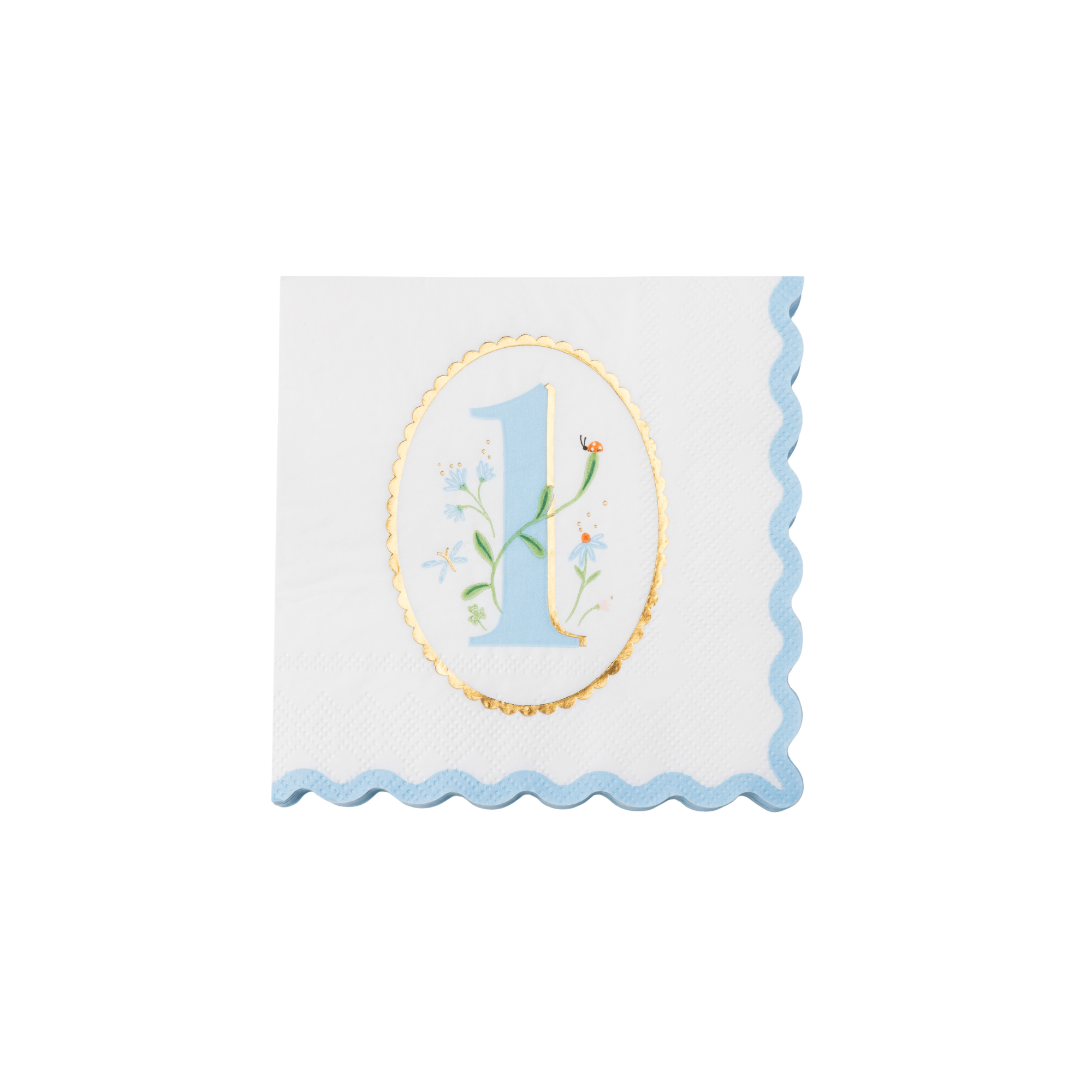 Single white cocktail napkin with sky blue floral illustrated number one ladybug and wildflowers in gold oval scalloped medallion and blue scalloped border on white background