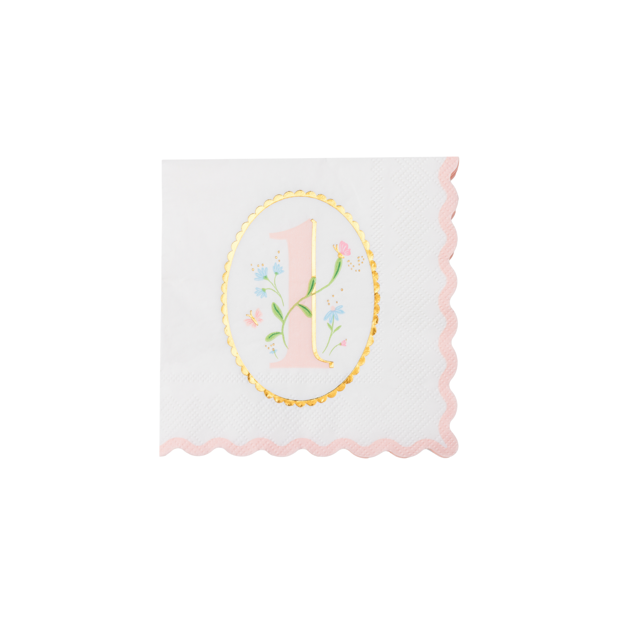 Single white cocktail napkin with pink floral illustrated number one butterfly and wildflowers in gold oval medallion and pink scalloped border on white background