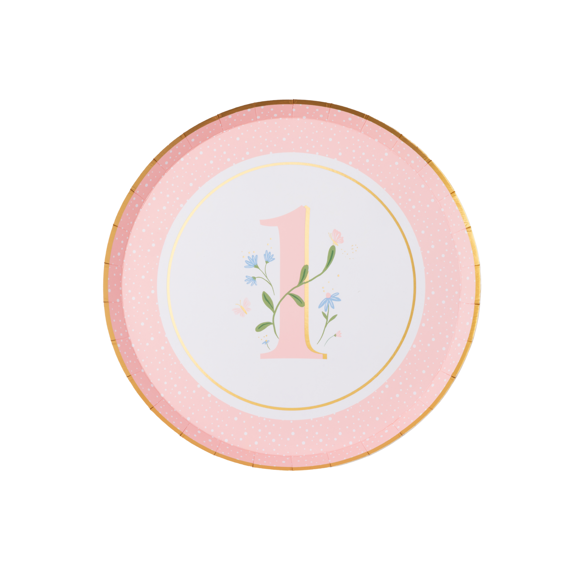 Single round petal pink polka dot paper plate with floral illustrated number one blue wildflowers sage vine and gold foil rim on white background