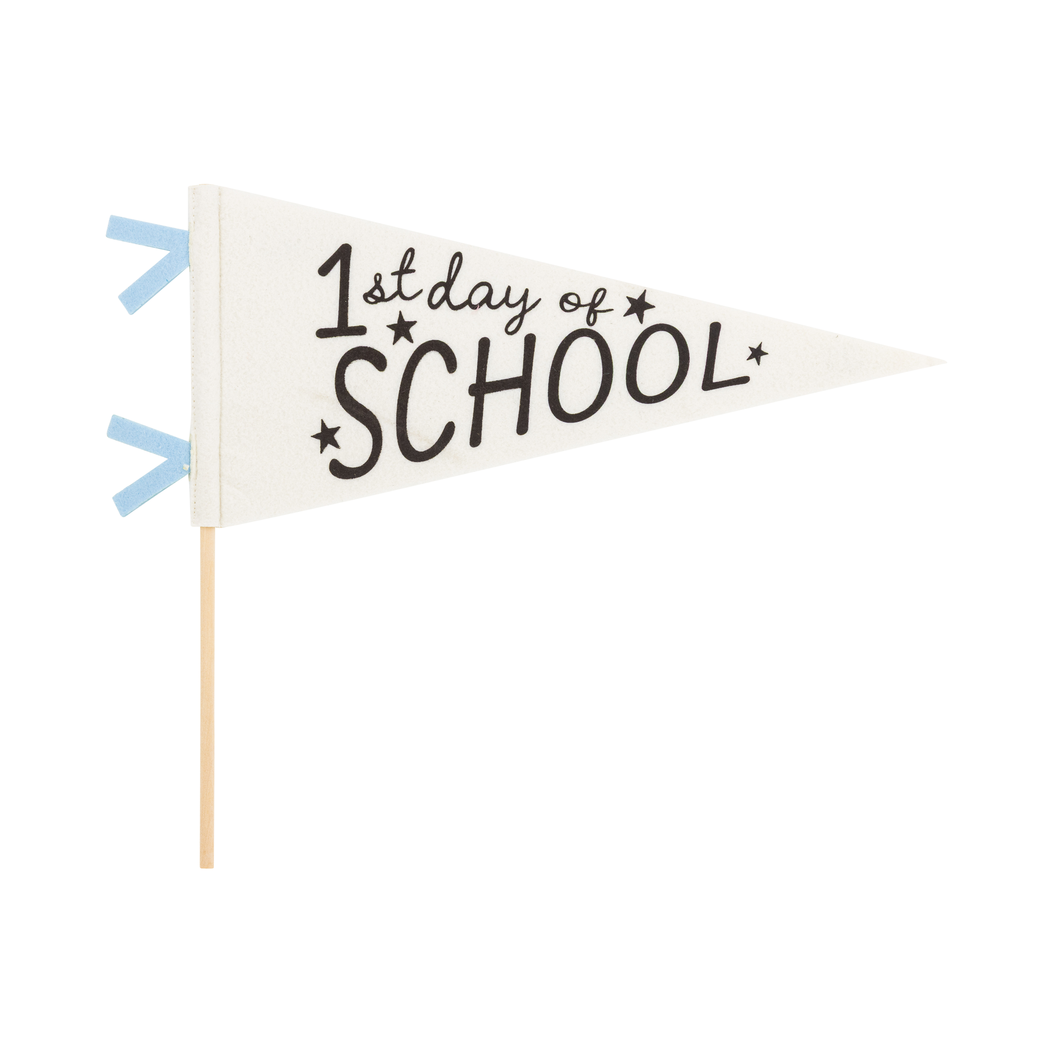 Cream 1st Day of School felt pennant with black screen-printed text and stars, blue felt mini flag accents, and wooden dowel
