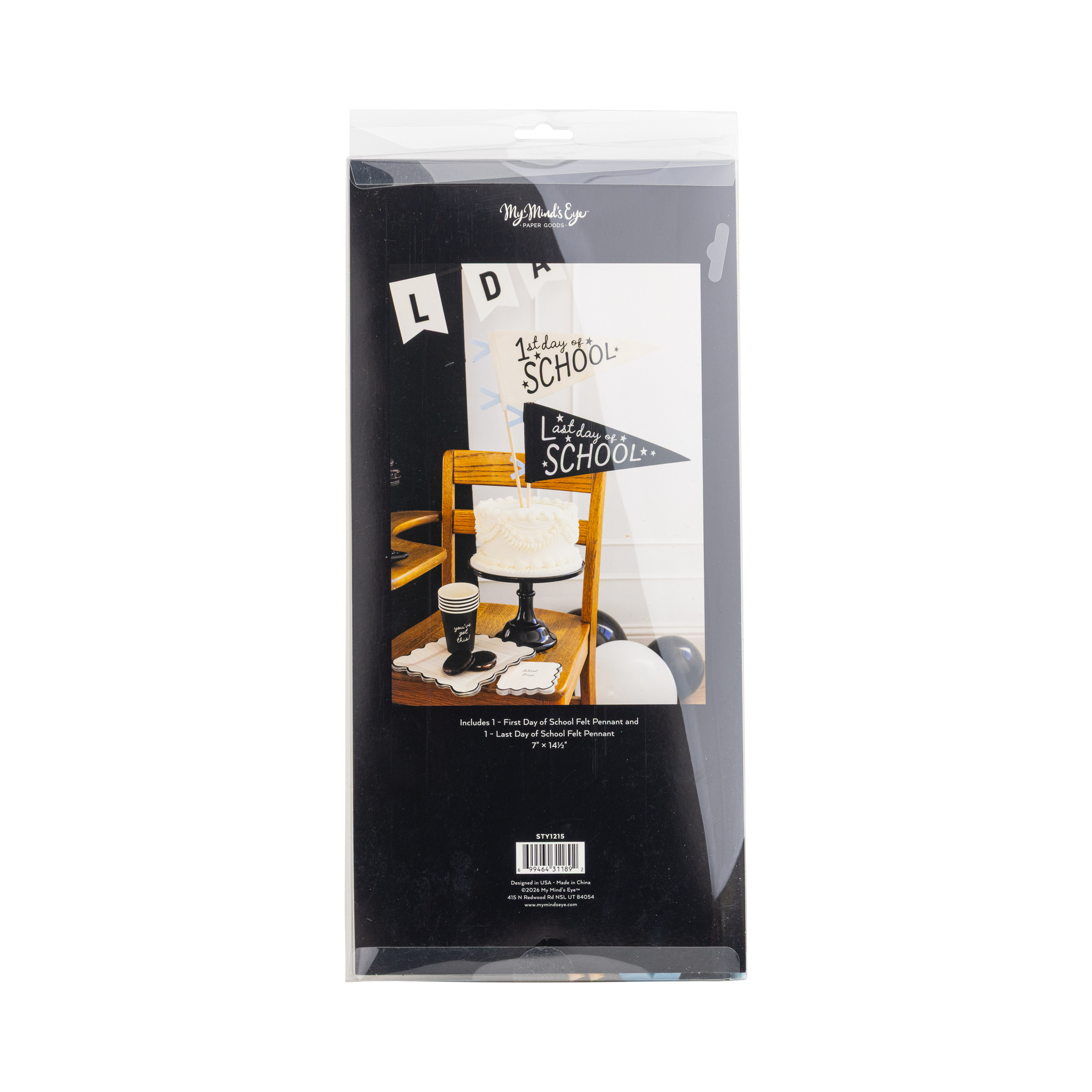 Back of 1st Day and Last Day of School felt pennant packaging showing styled back to school scene with white cake, pennants on wooden chair, and 1st Day of School Felt Pennant and Last Day of School Felt Pennant description