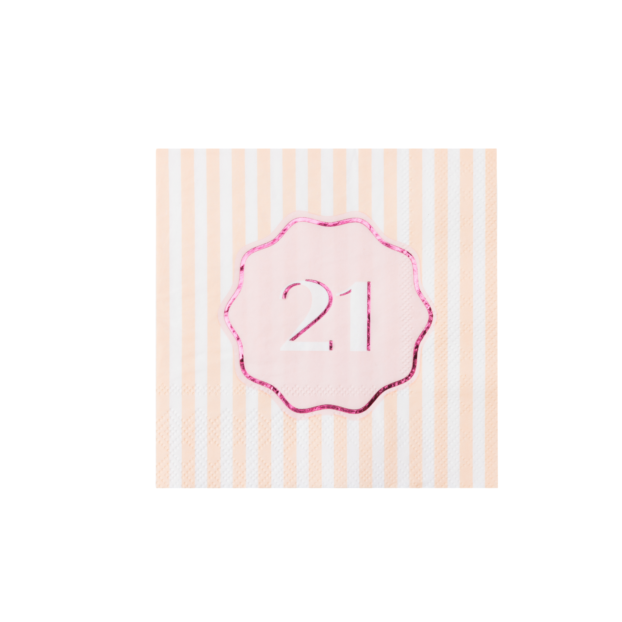 Single peach striped cocktail napkin with pink foil 21 scalloped medallion on white background