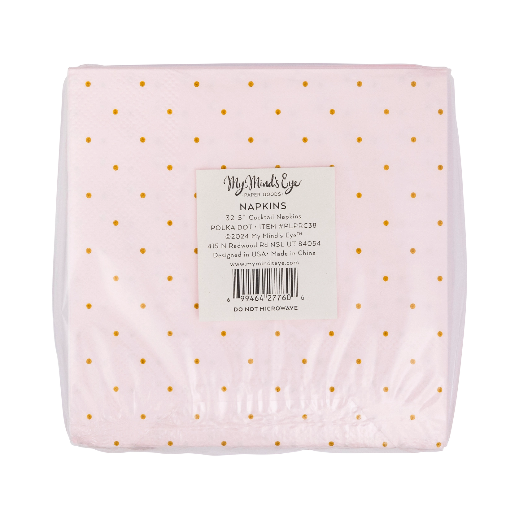 Front view of packaged pink napkins—clear wrap shows gold polka dots and product label, 18-count, 5 × 5 inches.