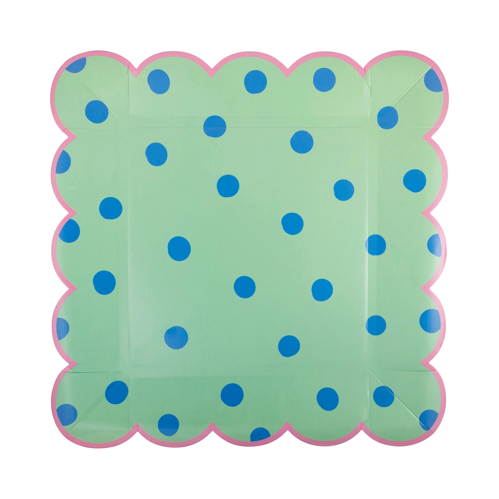 Loose mint-green square plate with blue dots and pink scalloped edge.