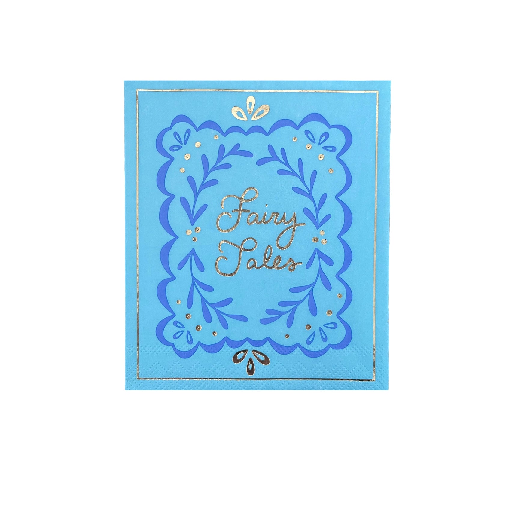 Sky-blue cocktail napkin labeled 'Fairy Tales' with intricate gold foil embellishments.