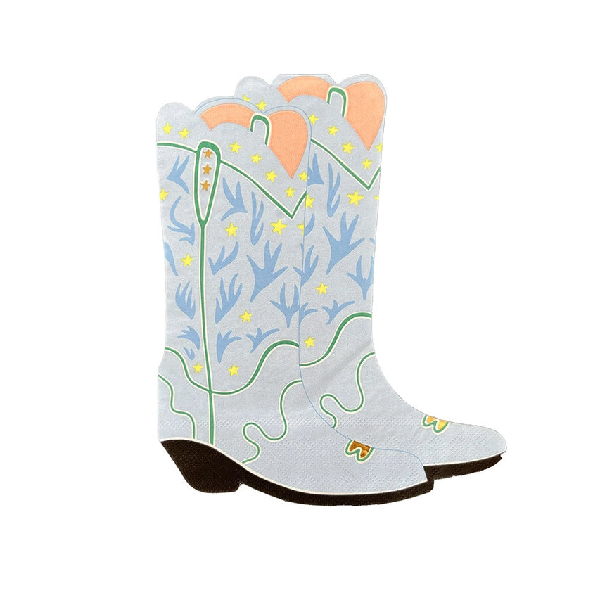 Studio shot of the single dusty‑blue boot napkin showing yellow stars, green piping, and peach pull‑tabs.