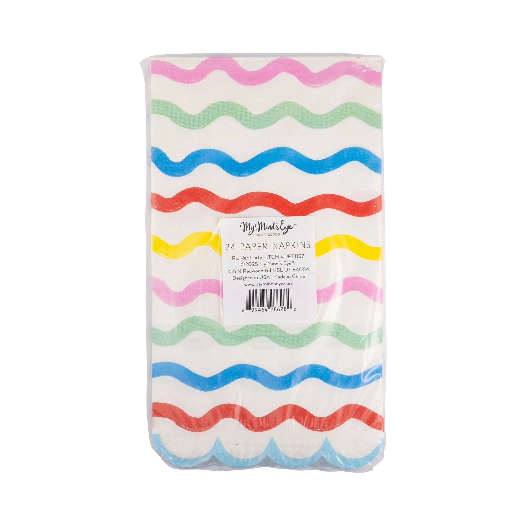 Factory-sealed pack of 24 guest-size rainbow napkins; bold ric-rac stripes run horizontally across a white background and a barcode sticker sits at center front.