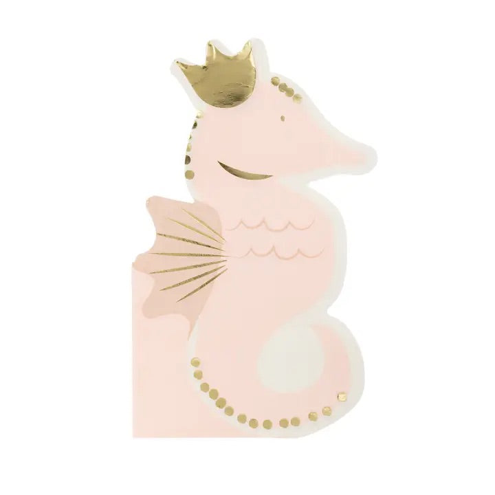 Close-up of a single cute seahorse-shaped paper napkin, pink with elegant gold foil details, perfect for mermaid-themed celebrations.