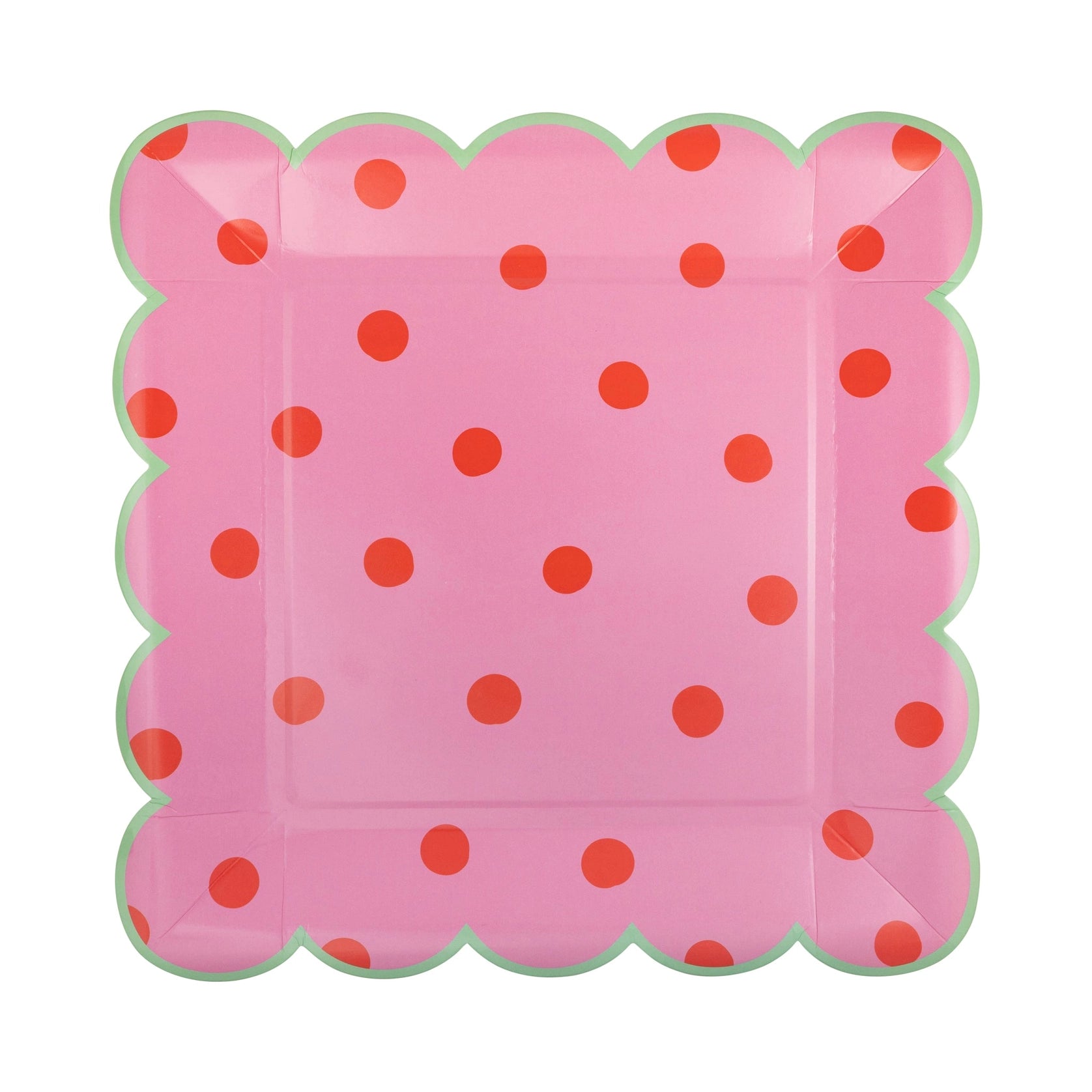 Loose pink square plate with red dots and mint scalloped edge.