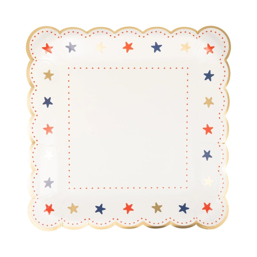 Scalloped square paper plate with red, blue, and gold stars border and gold foil accents, perfect for adult-themed 4th of July celebrations.