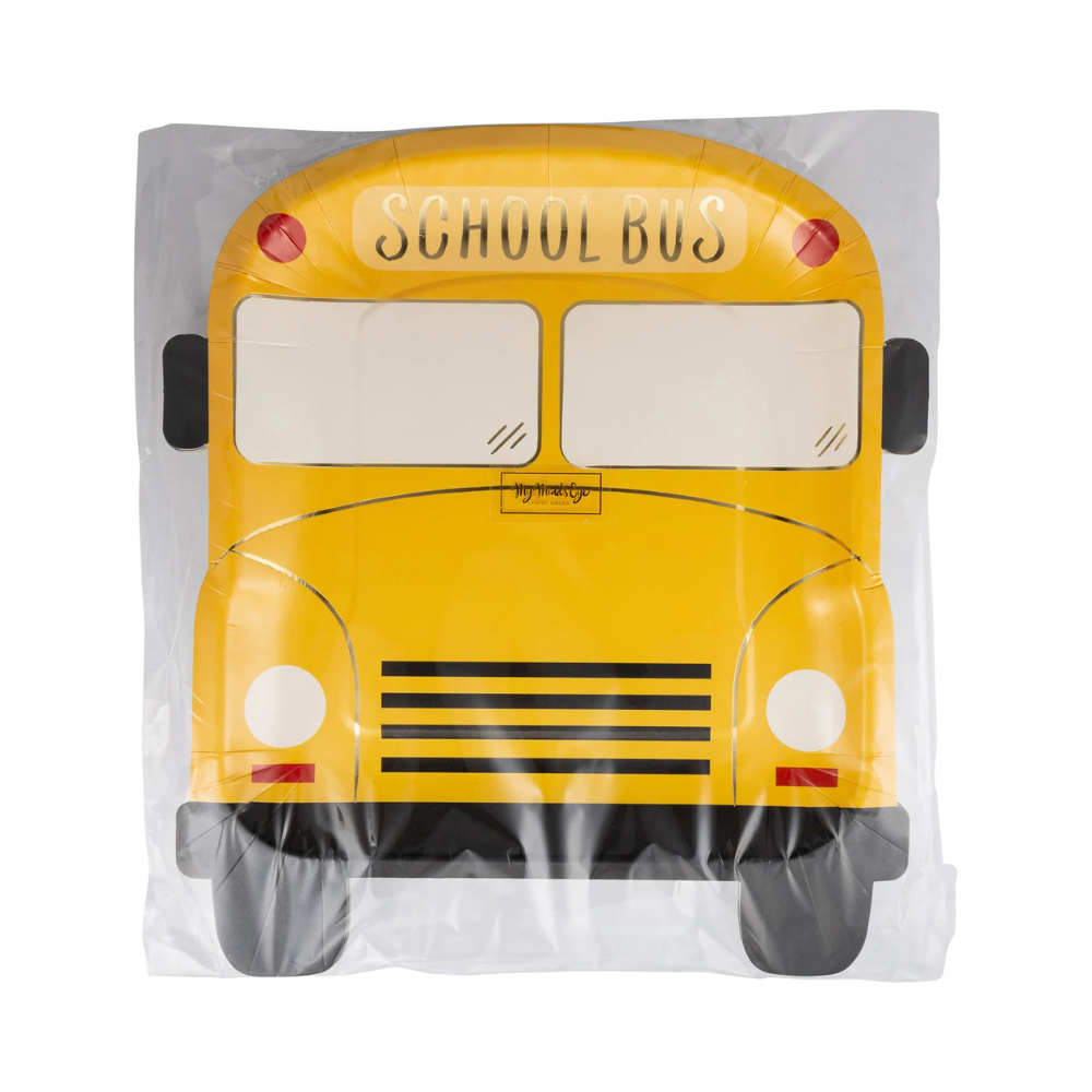 Set of school bus plates shown through clear product packaging