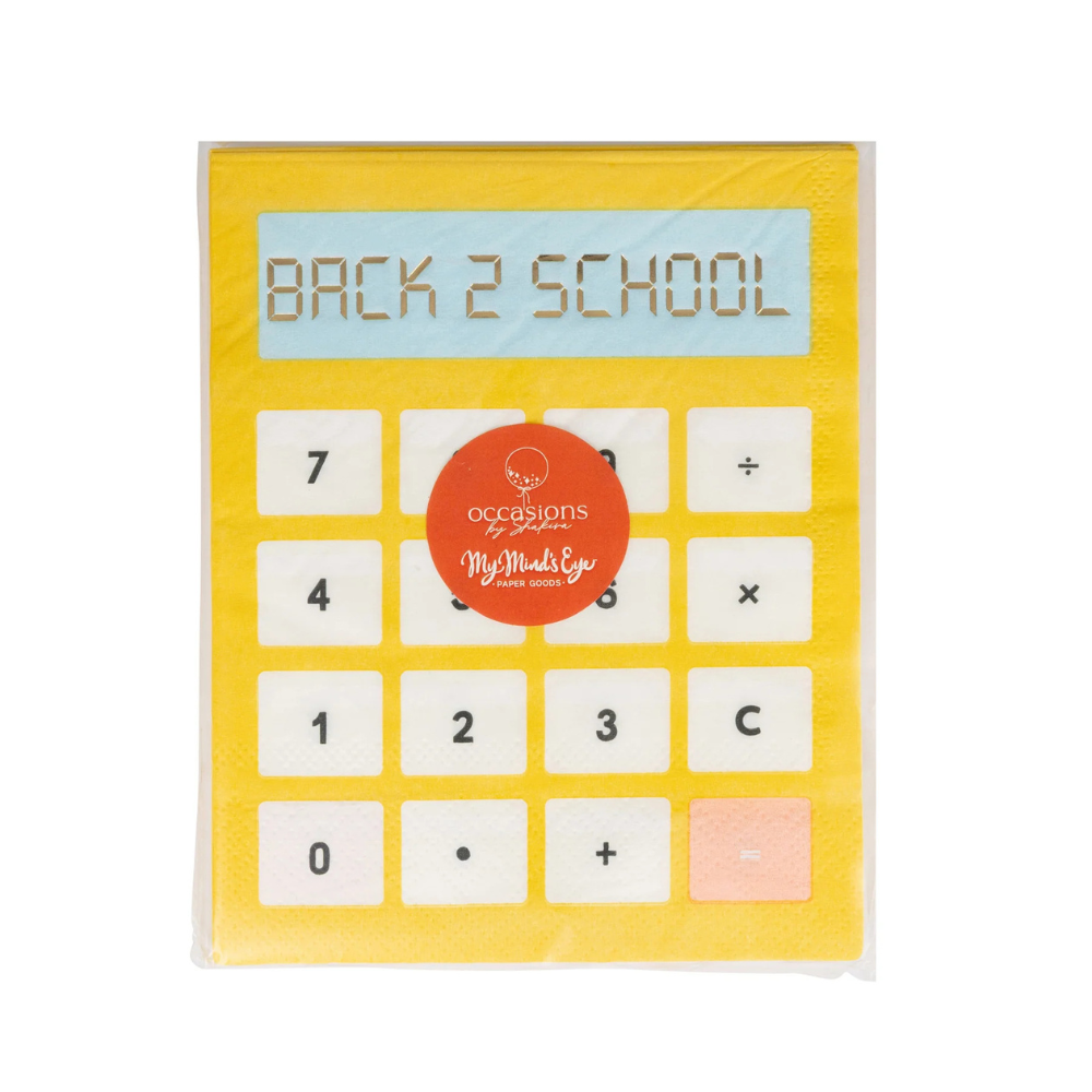 Front of the packaged napkins with a red Occasions by Shakira sticker over the calculator print.