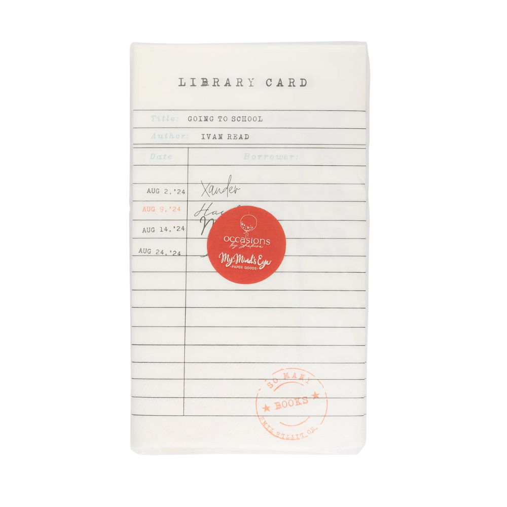Packaged library card napkin set with red My Mind’s Eye sticker sealing the plastic.
