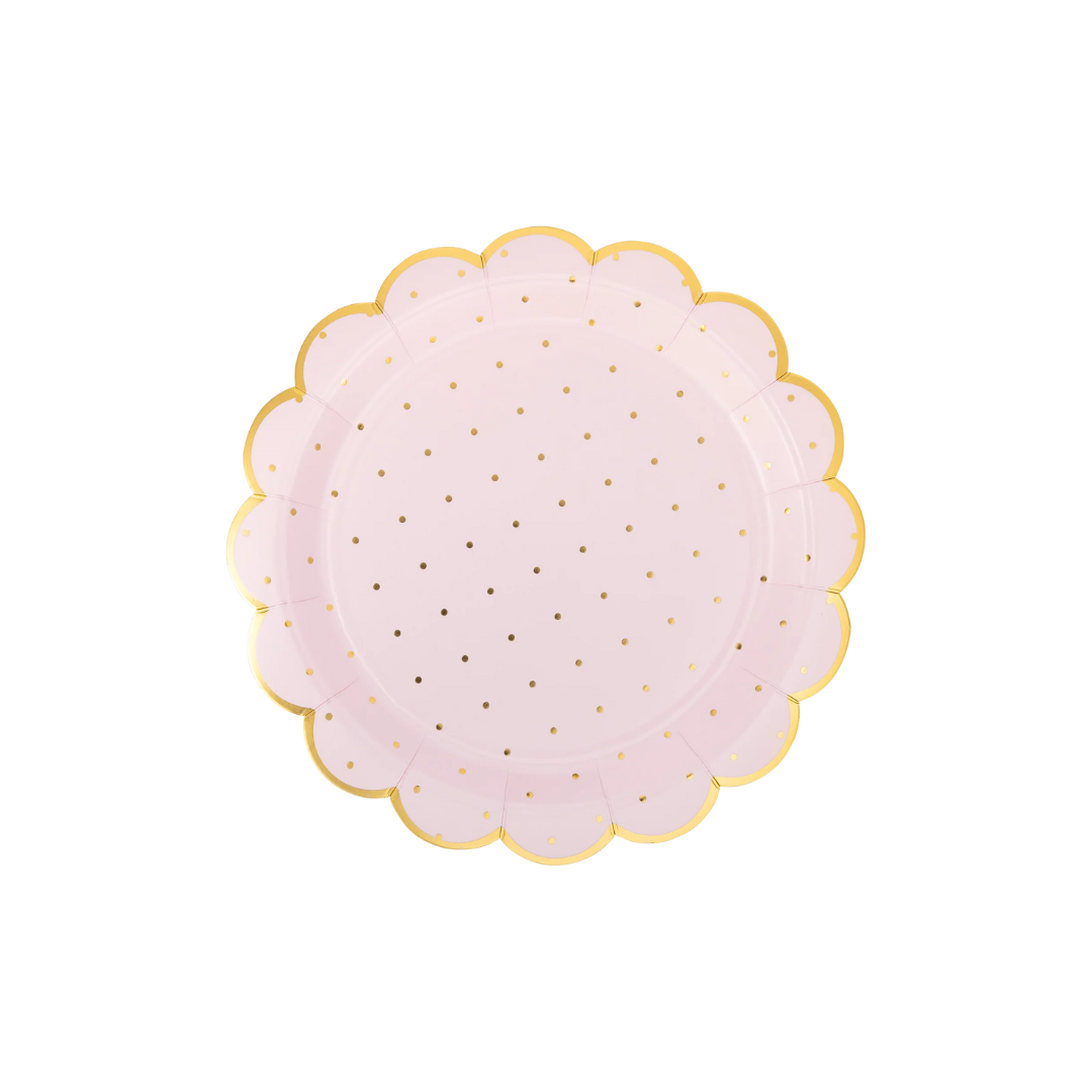 Stacked Pack: Front view of a shrink‑wrapped stack of scalloped pink paper plates with tiny gold dots.