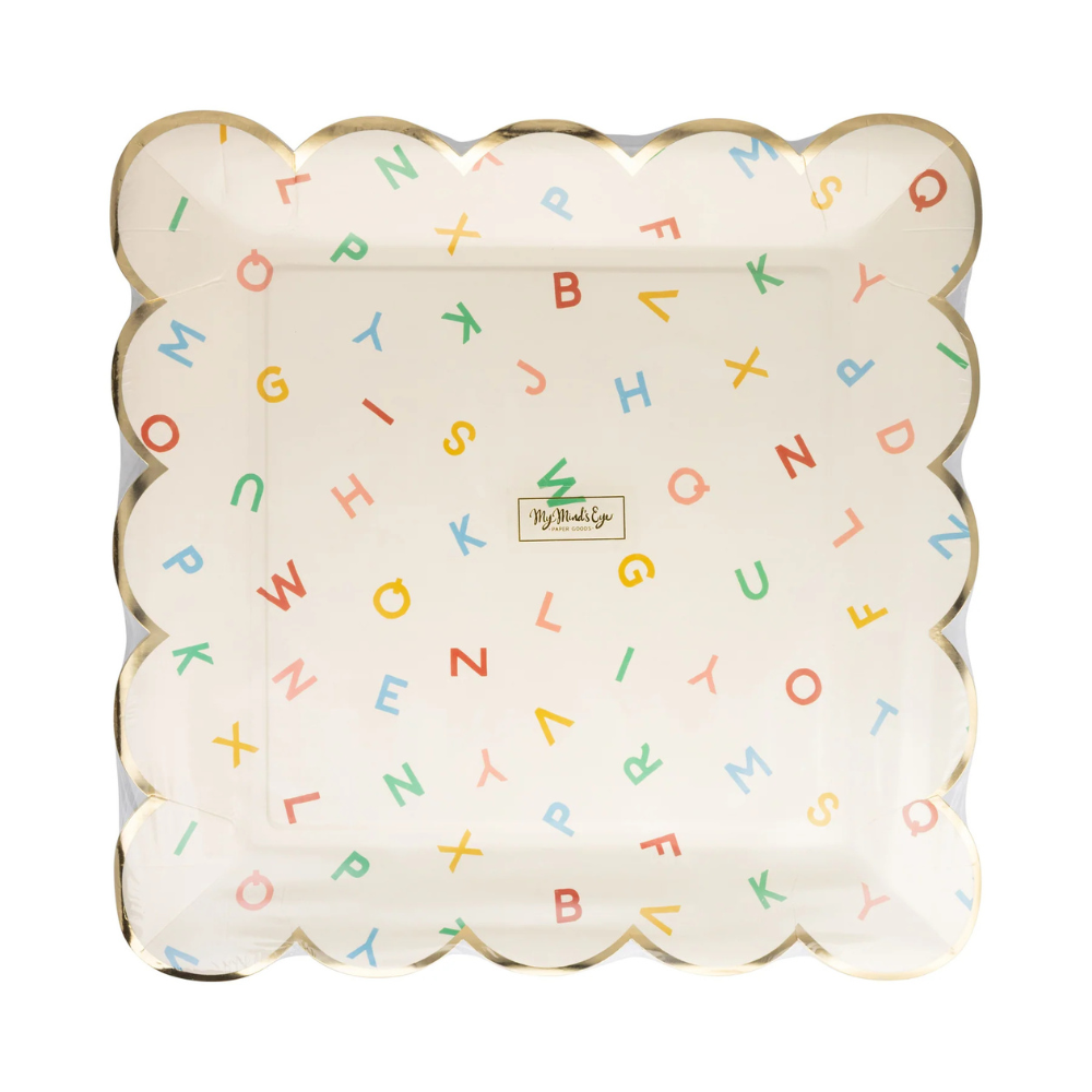 Scattered Alphabet plate with multicolored letters and gold trim with My Mind's Eye label