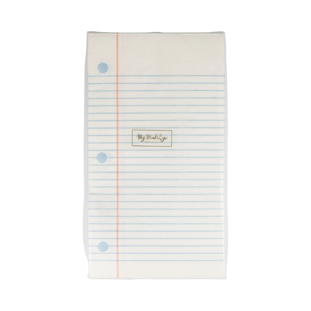 Front view of notebook paper dinner napkin featuring lined blue and red margins