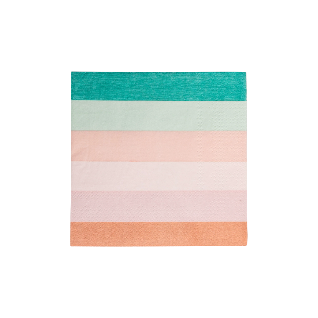 Unwrapped stack of striped napkins displaying full color gradient from teal to peach.