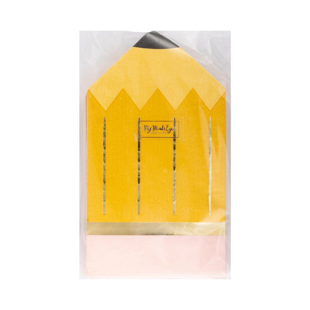 Single die-cut pencil napkin unfolded, yellow pencil with pink eraser.