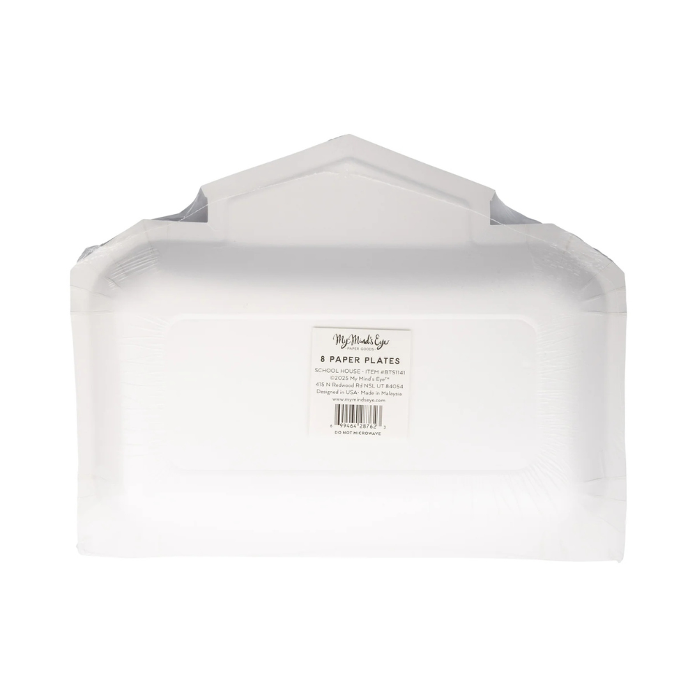 Back side of packaged school house shaped paper plates